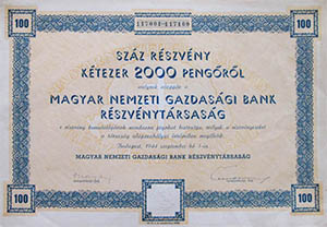 Magyar Nemzeti Gazdasági Bank Részvénytársaság részvény 100x20 2000 pengő 1944