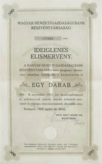 Magyar Nemzeti Gazdasgi Bank Rszvnytrsasg rszvnyelismervny 500 korona 1922