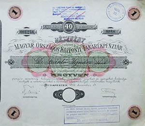 Magyar Orszgos Kzponti Takarkpnztr rszvny 40 peng 1926