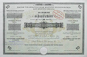 Magyar Takarékpénztárak Központi Jelzálogbankja részvény 10x20 200 pengő 1943