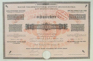Magyar Takarkpnztrak Kzponti Jelzlogbankja rszvny 20 peng 1943