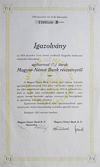 Magyar-Nmet Bank Rszvnytrsasg 1/3 rszvny igazolvny 1925