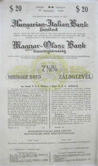 Magyar-Olasz Bank Rszvnytrsasg zloglevl 20 usa dollr