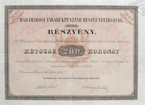 Máramarosi Takarékpénztár Részvénytársaság részvény 200 korona 1896