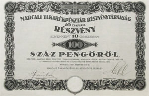 Marcali Takarékpénztár Részvénytársaság részvény 100 pengő 1927