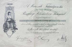 Marcali Takarkpnztr Rszvnytrsasg rszvny 750 korona 1922