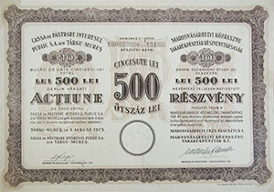 Marosvsrhelyi Kzhaszn Takarkpnztr Rszvnytrsasg rszvny 500 lei 1925