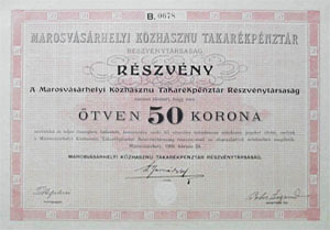 Marosvsrhelyi Kzhaszn Takarkpnztr Rszvnytrsasg rszvny 50 korona 1909