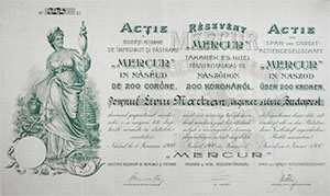 Mercur Takarék és Hitel Részvénytársaság részvény 200 korona 1900 Naszód