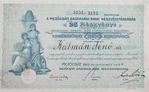 Mezőcsáti Gazdasági Bank Részvénytársaság részvény 25x500 korona 1922