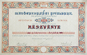 Mezőgazdasági Hitelbank Részvénytársaság részvény 200 korona 1911 Temesvár