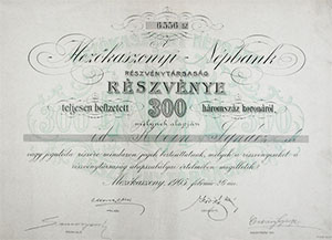 Mezőkaszonyi Népbank Részvénytársaság részvény 300 korona 1905 Mezőkaszony