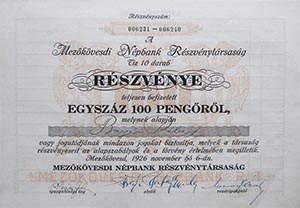 Mezőkövesdi Népbank Részvénytársaság részvény 100 pengő 1926