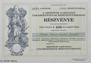 Mezőtúri Gazdasági Takarékpénztár Részvénytársaság részvény 400 korona MINTA
