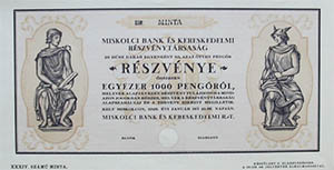 Miskolci Bank és Kereskedelmi Részvénytársaság részvény 20x50 1000 pengő 1928 MINTA