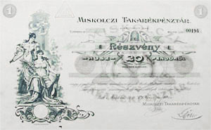 Miskolci Takarkpnztr Rszvnytrsasg rszvny 20 pengo 1926