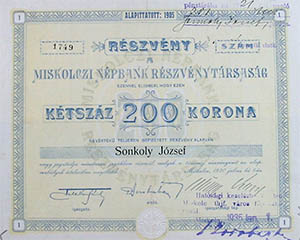Miskolczi Népbank Részvénytársaság részvény 200 korona 1920 Miskolc