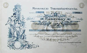 Miskolci Takarkpnztr Rszvnytrsasg rszvny 20 pengo 1943
