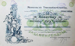 Miskolci Takarkpnztr Rszvnytrsasg rszvny 5x20 100 pengo 1926