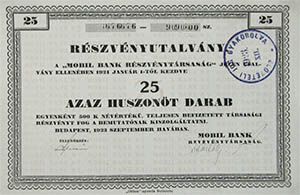 Mobil Bank Részvénytársaság részvény 25x500 korona 1923