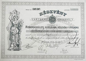 Monorkerületi Hitelbank Részvénytársaság részvény 200 korona 1912 Monor