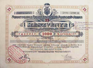 Mosonmegyei Takarékpénztár Magyaróvárott részvény 25x1000 25000 korona 1928