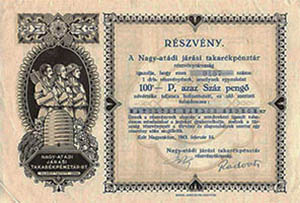 Nagyatádi Járási Takarékpénztár Részvénytársaság részvény 100 pengő 1943