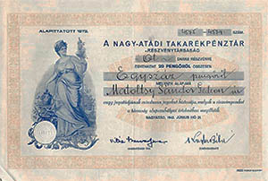Nagyatádi Takarékpénztár Részvénytársaság részvény 5x20 pengő 1942