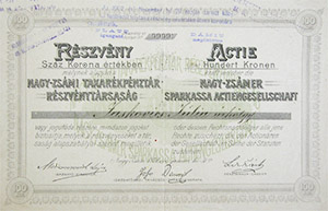 Nagy-zsmi Takarkpnztr Rszvnytrsasg rszvny 100 korona 1897 Nagyzsm