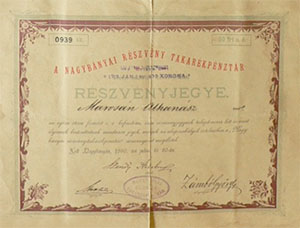Nagybányai Részvény-Takarékpénztár részvényjegy 50 forint 1890 Nagybánya