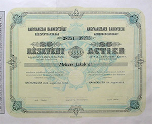 Nagykanizsai Bankegyesület Részvénytársaság részvény 25x200 5000 korona 1922 TERVEZET