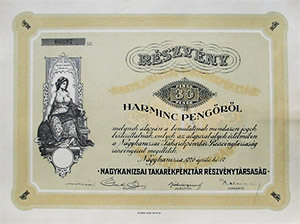 Nagykanizsai Takarkpnztr Rszvnytrsasg rszvny 30 peng 1926