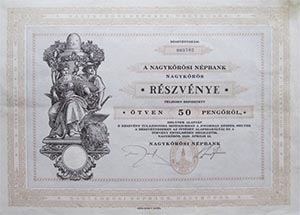 Nagykőrösi Népbank részvény 50 pengő 1926 Nagykőrös