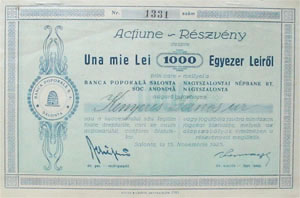 Nagyszalontai Népbank Részvénytársaság részvény 1000 lei 1925