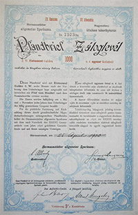 Nagyszebeni Általános Takarékpénztár Részvénytársaság záloglevél 1000 forint 1900 Nagyszeben