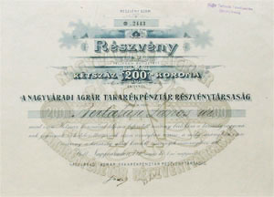 Nagyvradi Agrr Takarkpnztr Rszvnytrsasg rszvny 200 korona 1910