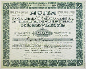 Nagyváradi Agrár Takarékpénztár Részvénytársaság részvény 400 lei 1938
