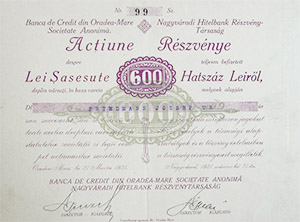 Nagyvradi Hitelbank Rszvnytrsasg rszvny 600 lei 1921 Nagyvrad