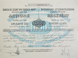 Nagyváradi Leszámitolóbank Részvénytársaság részvény 1000 lei 1924 Nagyvárad