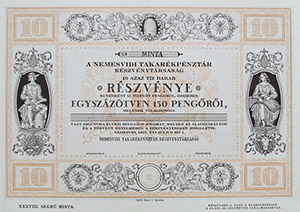 Nemesvidi Takarékpénztár Részvénytársaság részvény 150 pengő 1927 KNER MINTA