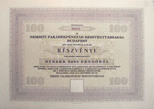 Nemzeti Takarékpénztár Részvénytársaság részvény 100x50 pengő 1939