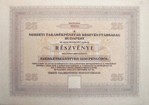 Nemzeti Takarékpénztár Részvénytársaság részvény 25x50 pengő 1939