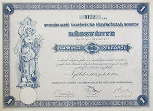 Nyírvidéki Agrár Takarékpénztár Részvénytársaság Nyírbátor részvény 30 pengő 1926