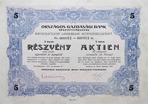 Országos Gazdasági Bank Részvénytársaság részvény 5x10 pengő 1927