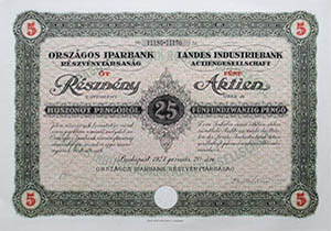 Országos Iparbank Részvénytársaság részvény 5x25 pengő 1927