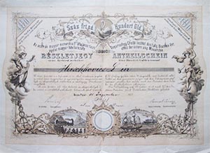 Osztrák-Magyar Monarchia 1ső Általános Tisztiegylet Magyar Hitelintézete részletjegy 100 forint 1872
