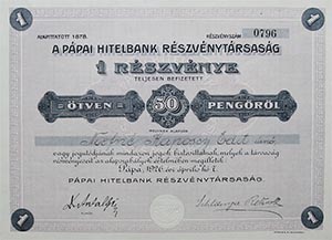 Ppai Hitelbank Rszvnytrsasg rszvny 50 peng 1926 Ppa