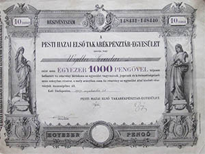 Pesti Hazai Első Takarékpénztár-Egyesület részvény 1000 pengő 1927