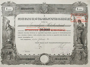 Pesti Hazai Első Takarékpénztár-Egyesület részvény 20000 korona 1924