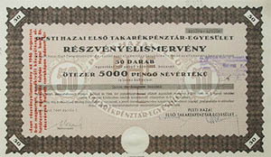 Pesti Hazai Els Takarkpnztr-Egyeslet rszvnyelismervny 50x100 peng 1946
